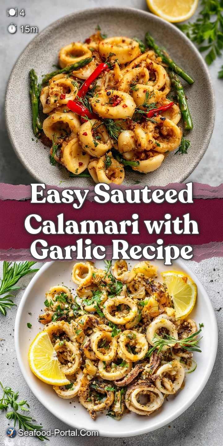 Close-up of saut&eacute;ed calamari: tender, slightly charred rings swimming in a golden garlic-infused oil, flecked with fresh h...