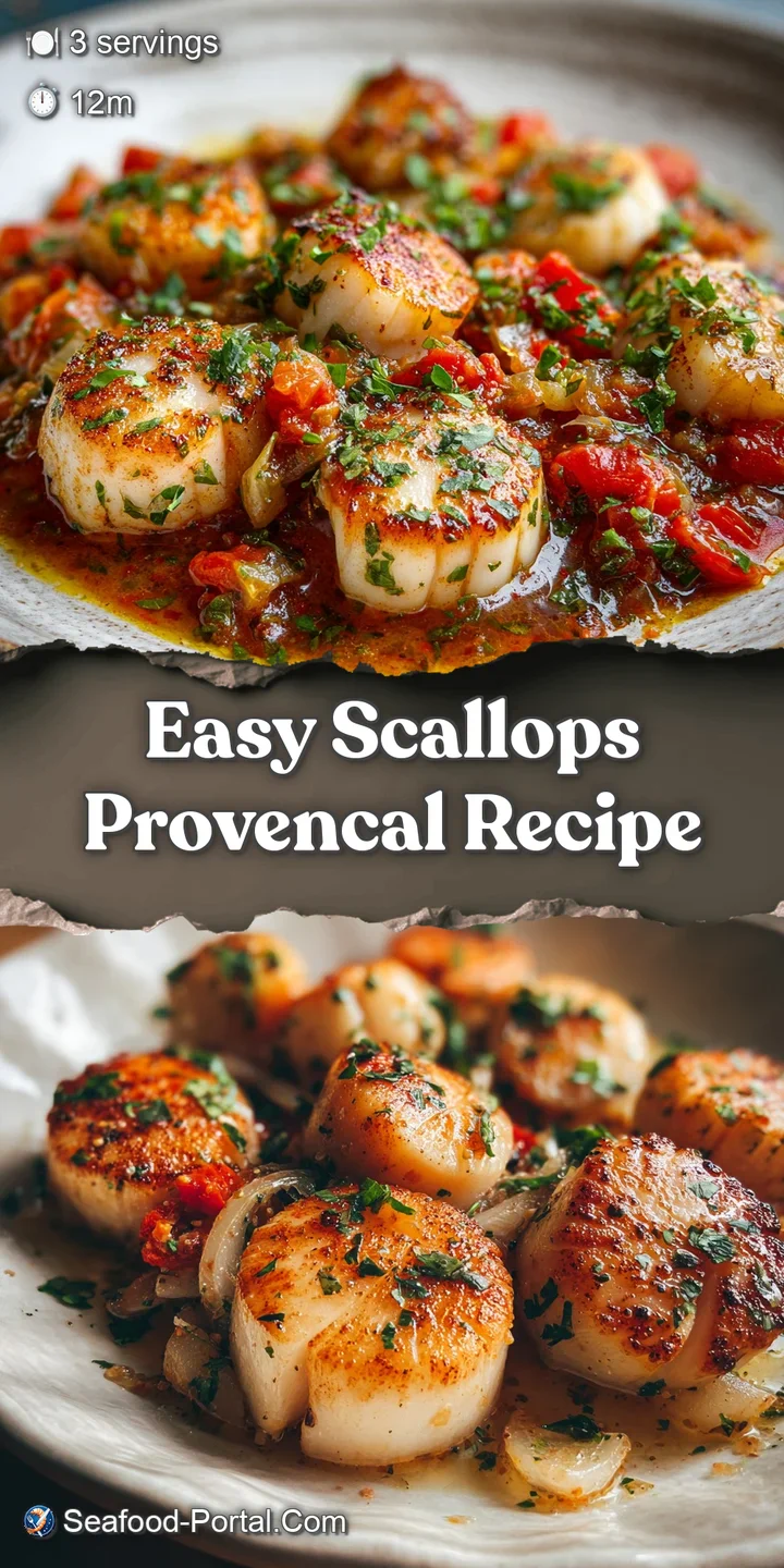 Close-up of plump, juicy scallops with golden-brown crusts nestled in a vibrant, flavorful sauce with bursts of tomato and...
