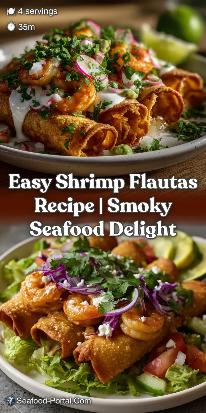 Close-up of a sizzling flauta; golden-brown, crispy shell revealing a tender shrimp filling, with a hint of spicy salsa an...