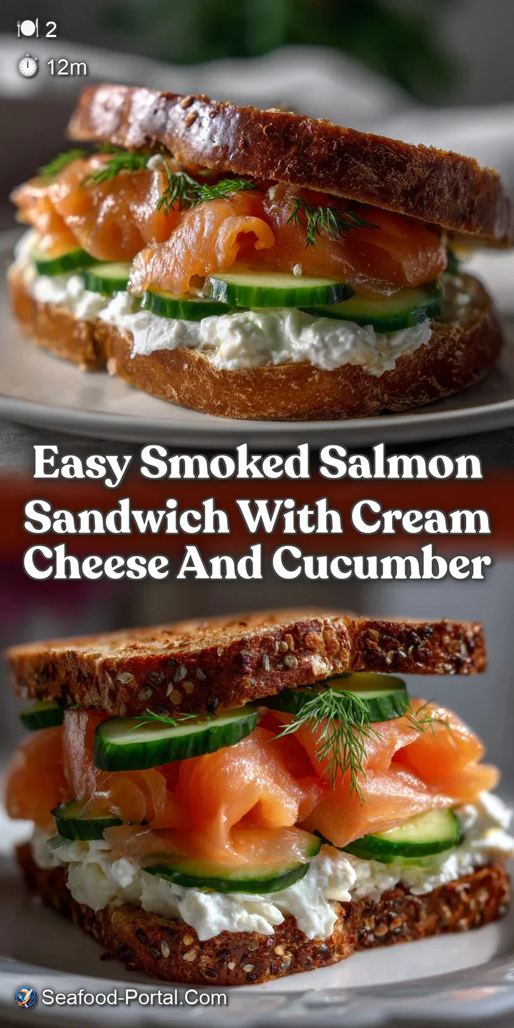 Close-up: Flaky smoked salmon, thick cream cheese, and thinly sliced cucumber, textures contrasting on toasted bread, enti...