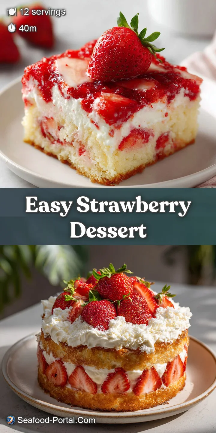 Close-up reveals the cake's moist interior, soaked with strawberry flavor. Plump berries and frosting add sweetness to the...