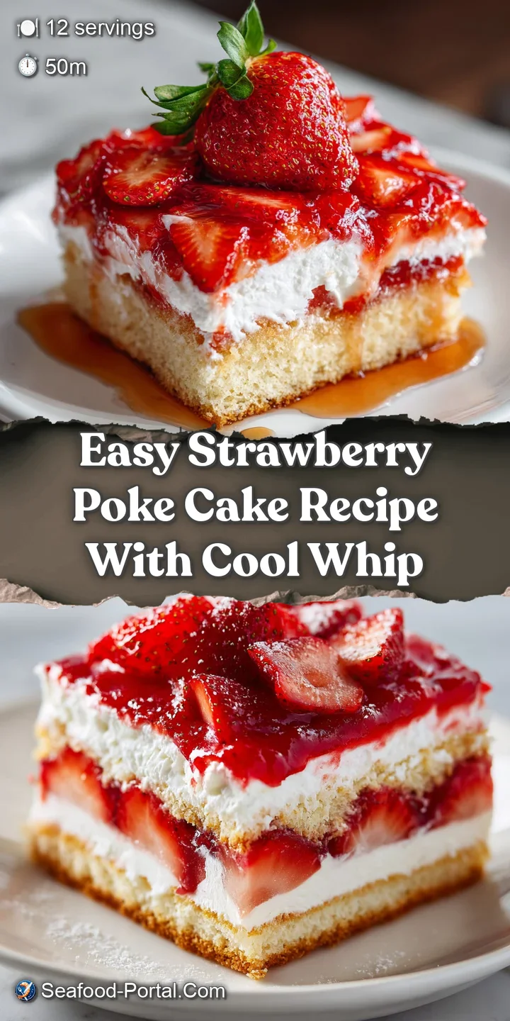 Close-up view of strawberry poke cake. Moist yellow cake contrasts with the creamy white topping and ruby-red sliced straw...