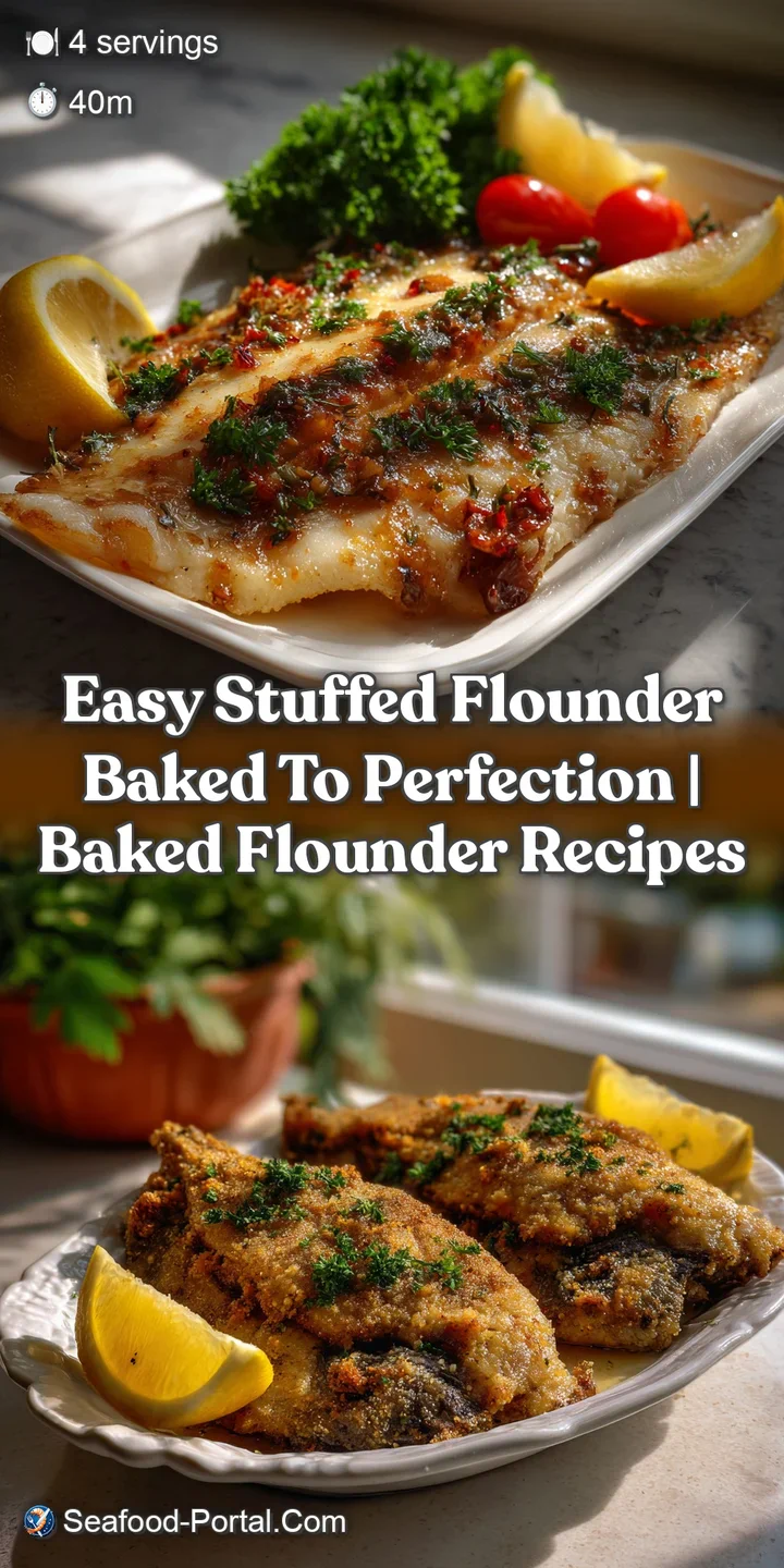 Close-up of a flaky, moist flounder fillet, showcasing a delicate, light texture and savory stuffing, glistening with rend...