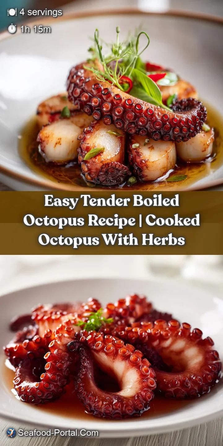 Close-up of boiled octopus: glistening, slightly translucent, showing tender texture and appetizing steam highlighting fre...