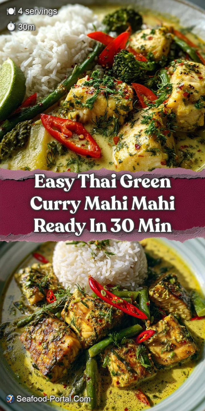 Close-up of tender mahi-mahi bathed in rich, emerald green curry, revealing textures and fresh ingredients.