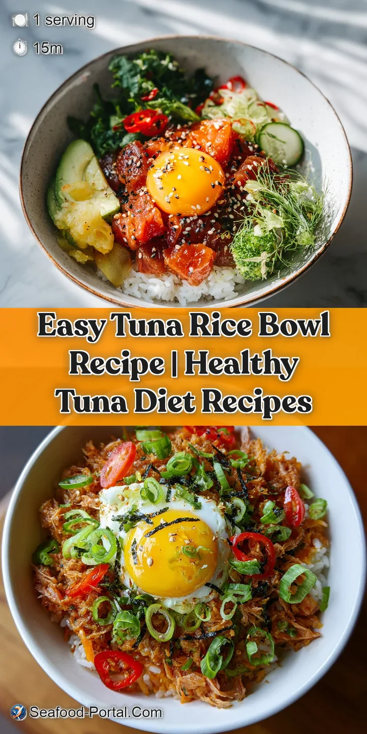 Close-up of a tuna rice bowl showing tender tuna, fluffy rice, and a rich, flavorful sauce coating the ingredients.