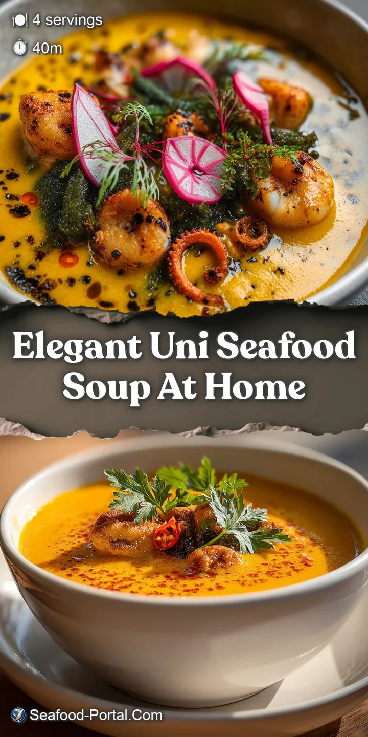 Luminous uni nestled in a rich broth, a tantalizing glimpse of a seafood soup's creamy and savory perfection.