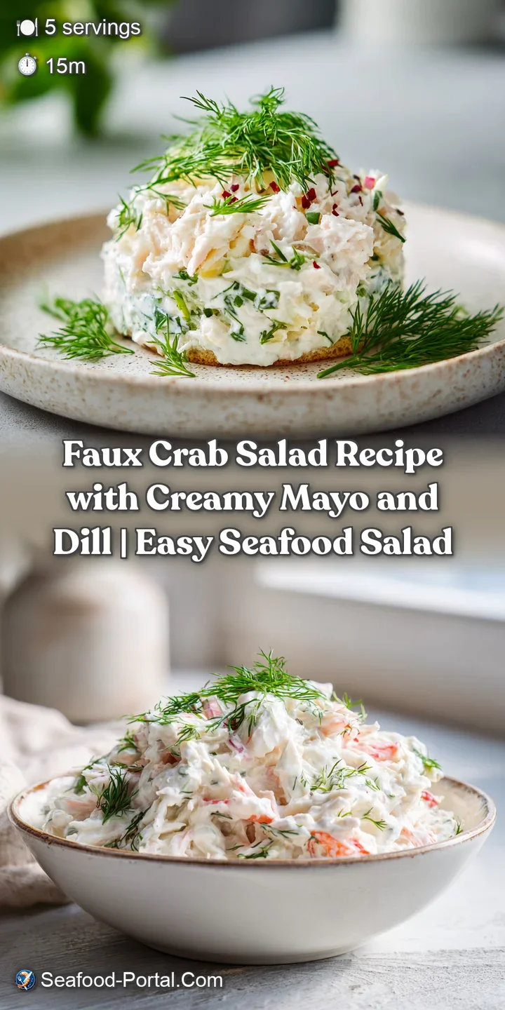 Close-up of creamy faux crab salad, revealing tender shreds and vibrant green dill flecks, with a soft focus background.