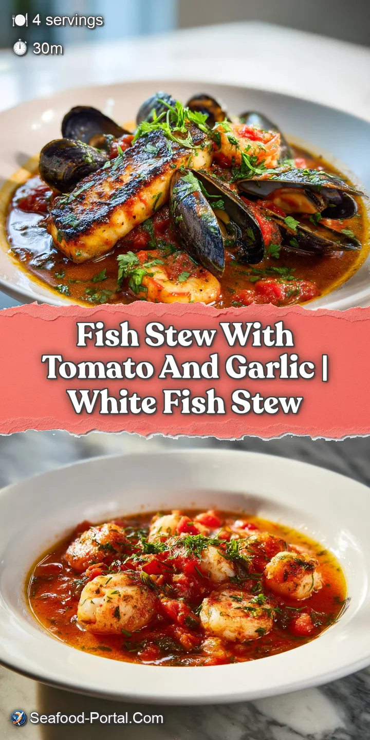 Close-up of a simmering fish stew with juicy tomatoes and herbs. Steam rises from the bowl, indicating warmth and comforti...