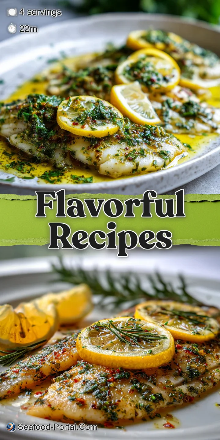 Close-up reveals moist, tender baked sole, its surface bright with lemon zest and fragrant green herbs. A healthy and deli...