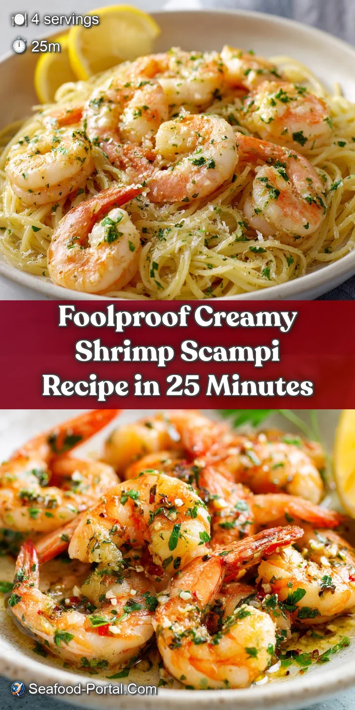 Close-up of succulent shrimp bathed in a rich, creamy scampi sauce, hints of red pepper and fresh parsley visible.