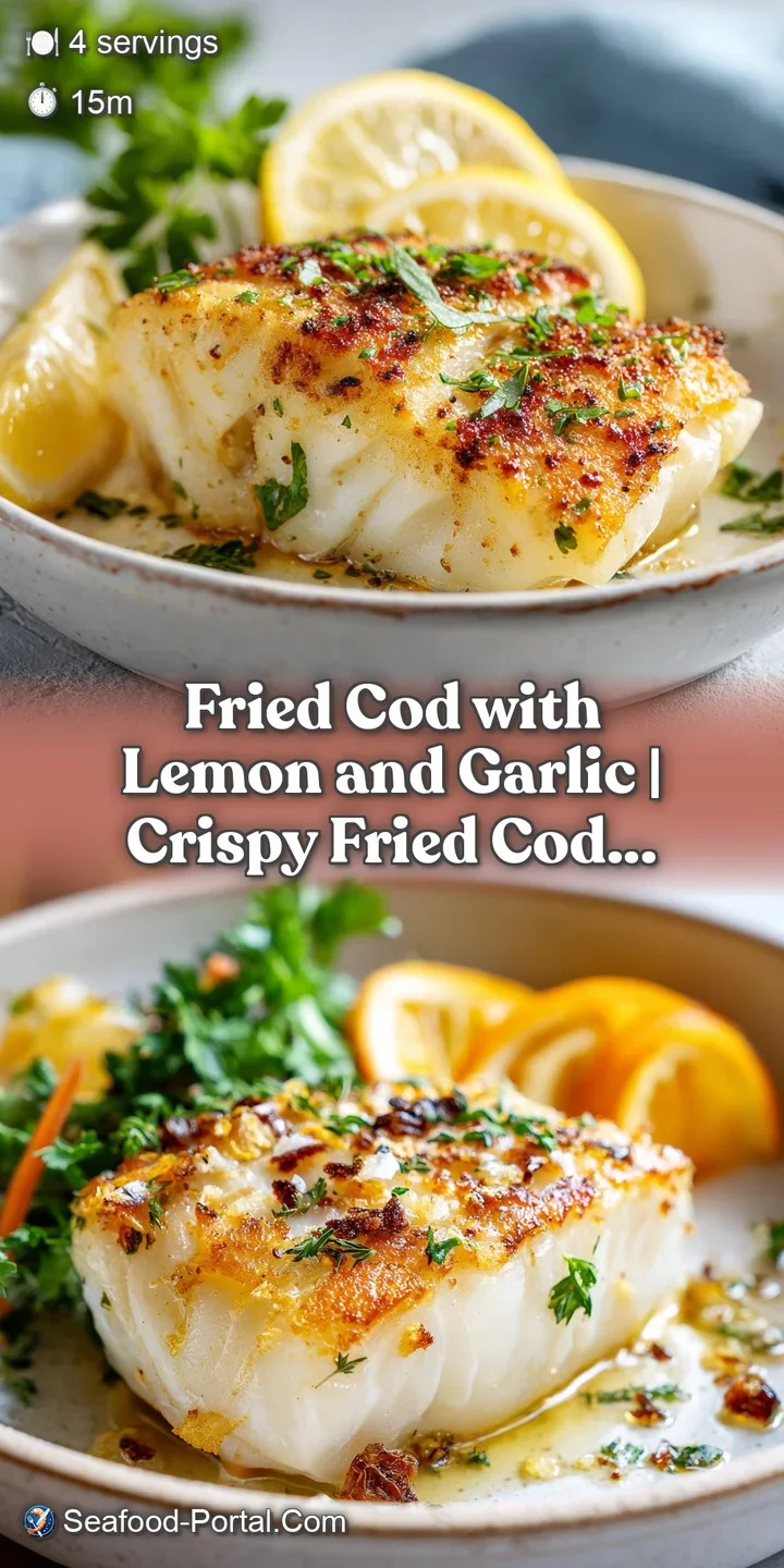 Close-up of perfectly seared, white cod with a delicate, crunchy crust, bathed in a fragrant garlic sauce.