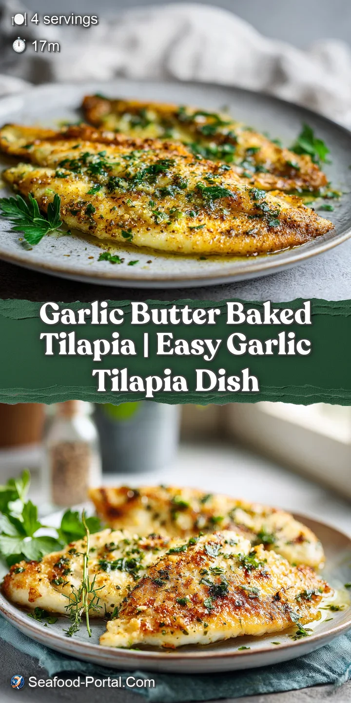 Close-up of tender, flaky tilapia, caramelized edges, rich garlic butter melting over a piece of white fish.