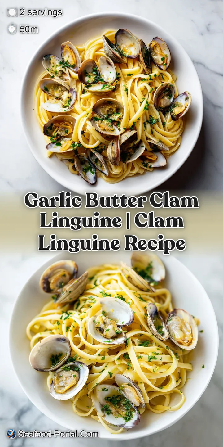 Extreme close-up of glistening pasta strands and tender clams coated in a shimmering, garlic-infused butter sauce.
