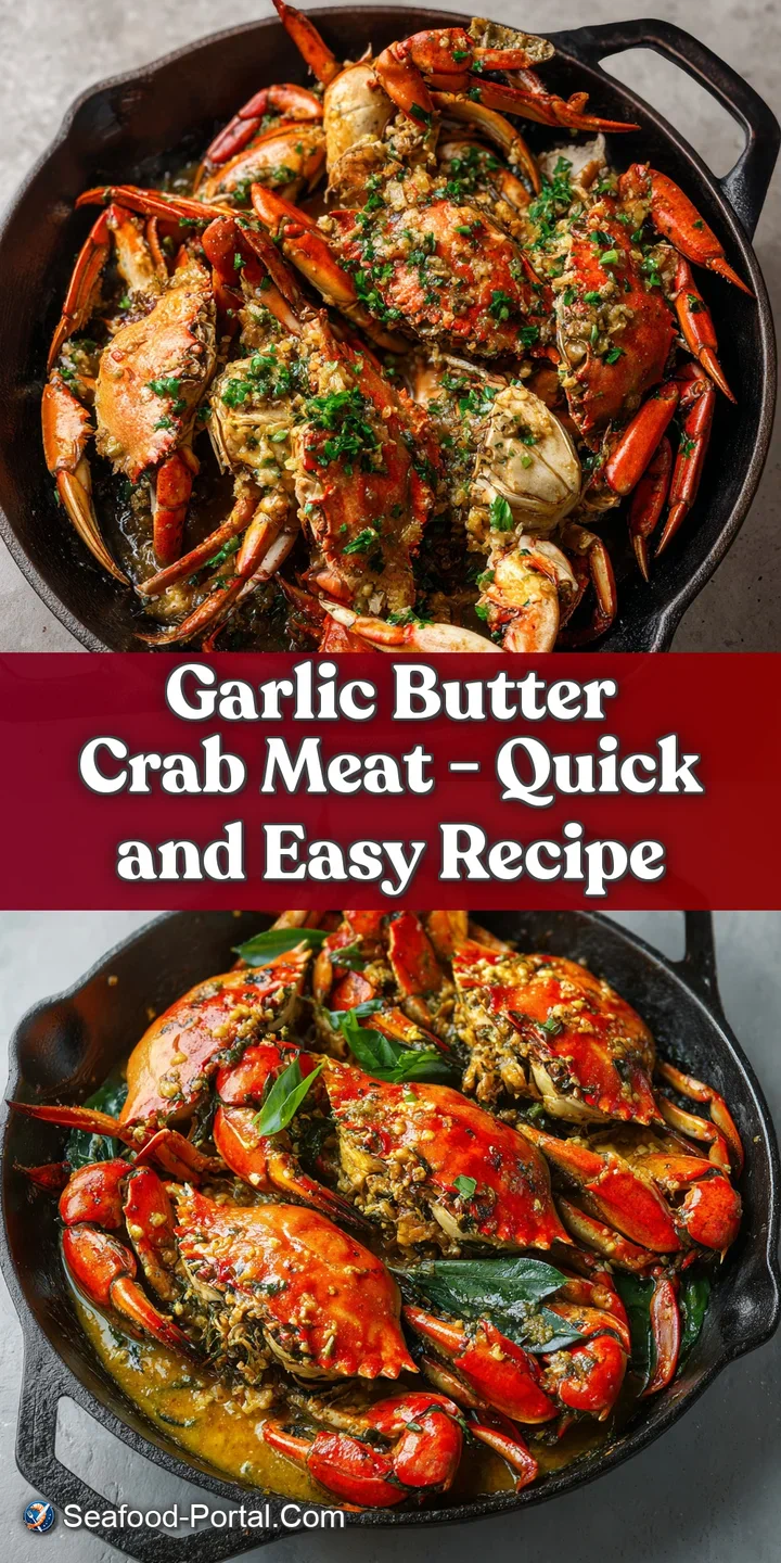 Close-up of tender, flaky crab meat bathed in fragrant garlic butter, catching the light beautifully.