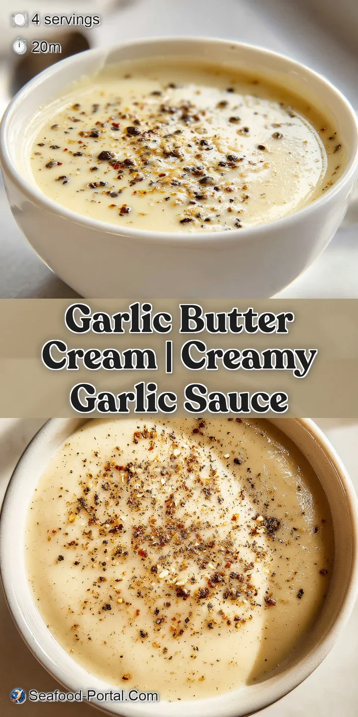 Close-up of a velvety ivory sauce showing tiny golden garlic pieces and a shimmering, buttery melted surface.