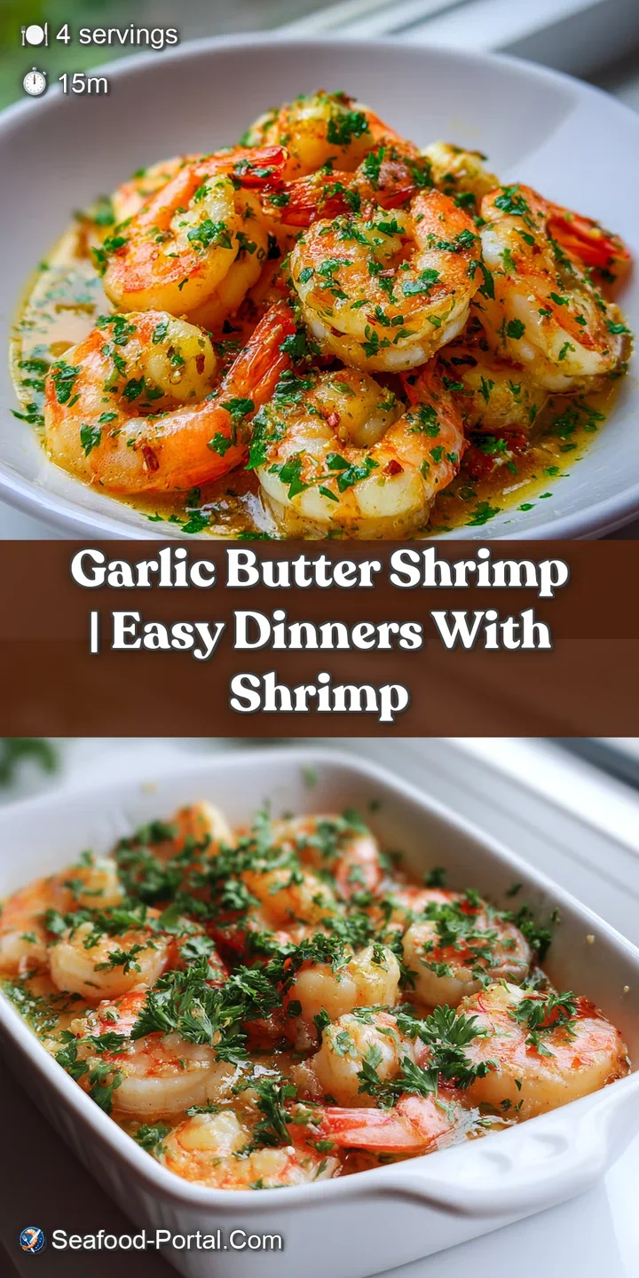 Extreme close-up of succulent, butter-glazed shrimp showing golden minced garlic and a glossy, rich citrus butter sheen.