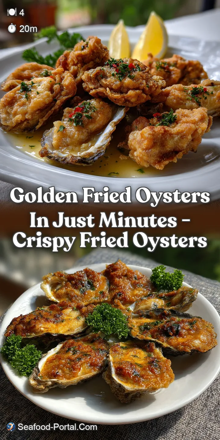 Close-up of a golden-fried oyster, showing its crispy, textured exterior. The heat from the oil is evident; a delicious, t...