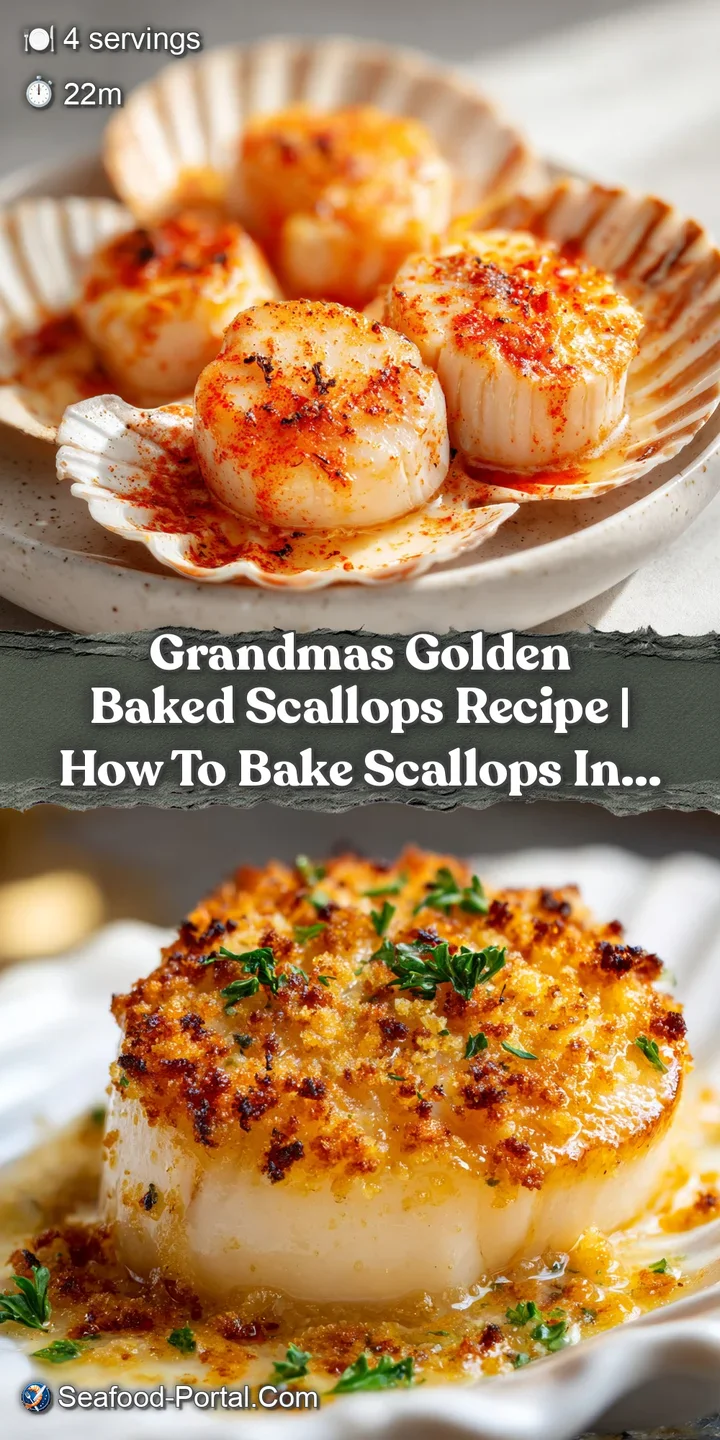 Close-up shows juicy, baked scallops with golden crust, ready to eat. Steam rises from the savory, buttery sauce.
