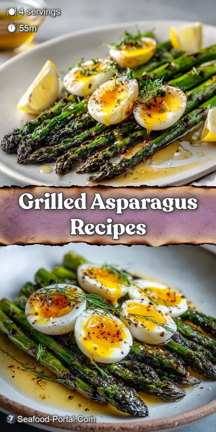Close-up of char-grilled asparagus, glistening with tangy vinaigrette; a creamy, rich egg yolk oozes, inviting a flavorful...