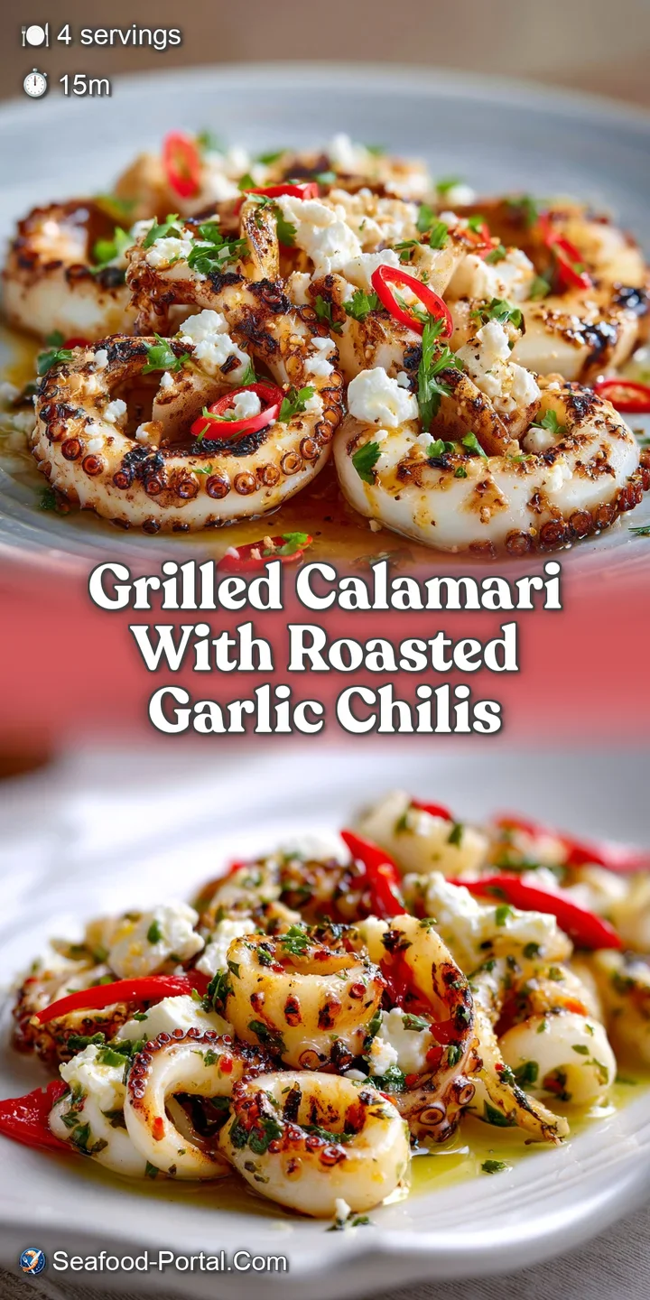 Close-up reveals the smoky char and tender texture of grilled calamari, glistening with flavorful oil, bright chilis visib...