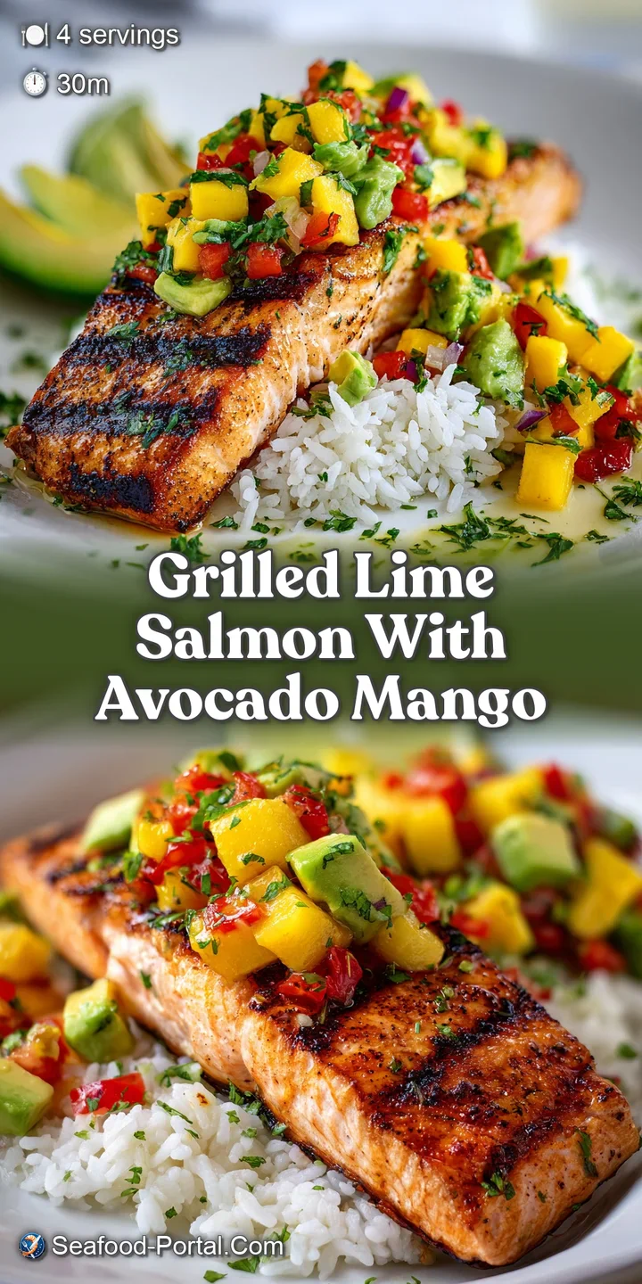 Close-up of juicy grilled salmon with a glistening glaze, topped with fresh chunks of mango and avocado. An appetizing bur...