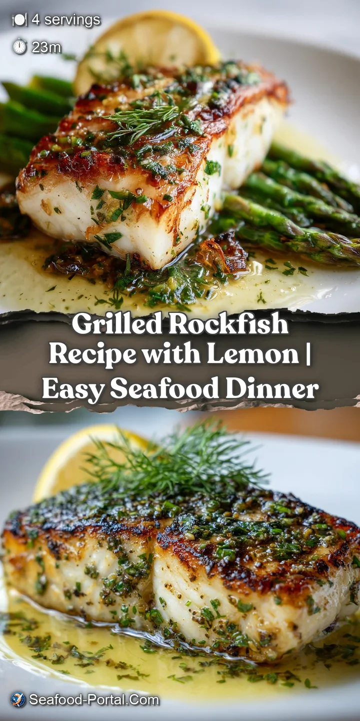 Close-up of grilled rockfish, glistening with lemon butter, crispy skin, moist, tender flesh, appetizing details.