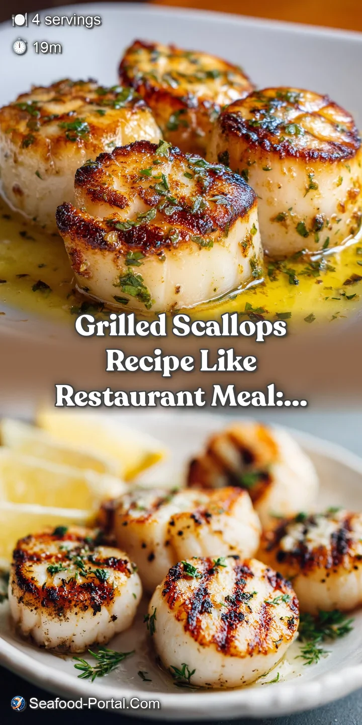 Close-up reveals the juicy, plump texture of a grilled scallop, glistening with oil and browned edges from high heat cooking.