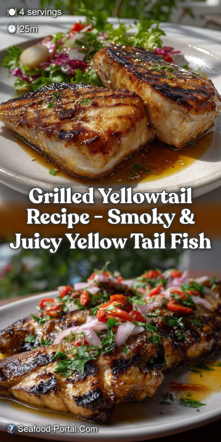 Close-up of succulent grilled yellowtail revealing flaky texture, smoky char marks, and a hint of steam, ready to be enjoyed.