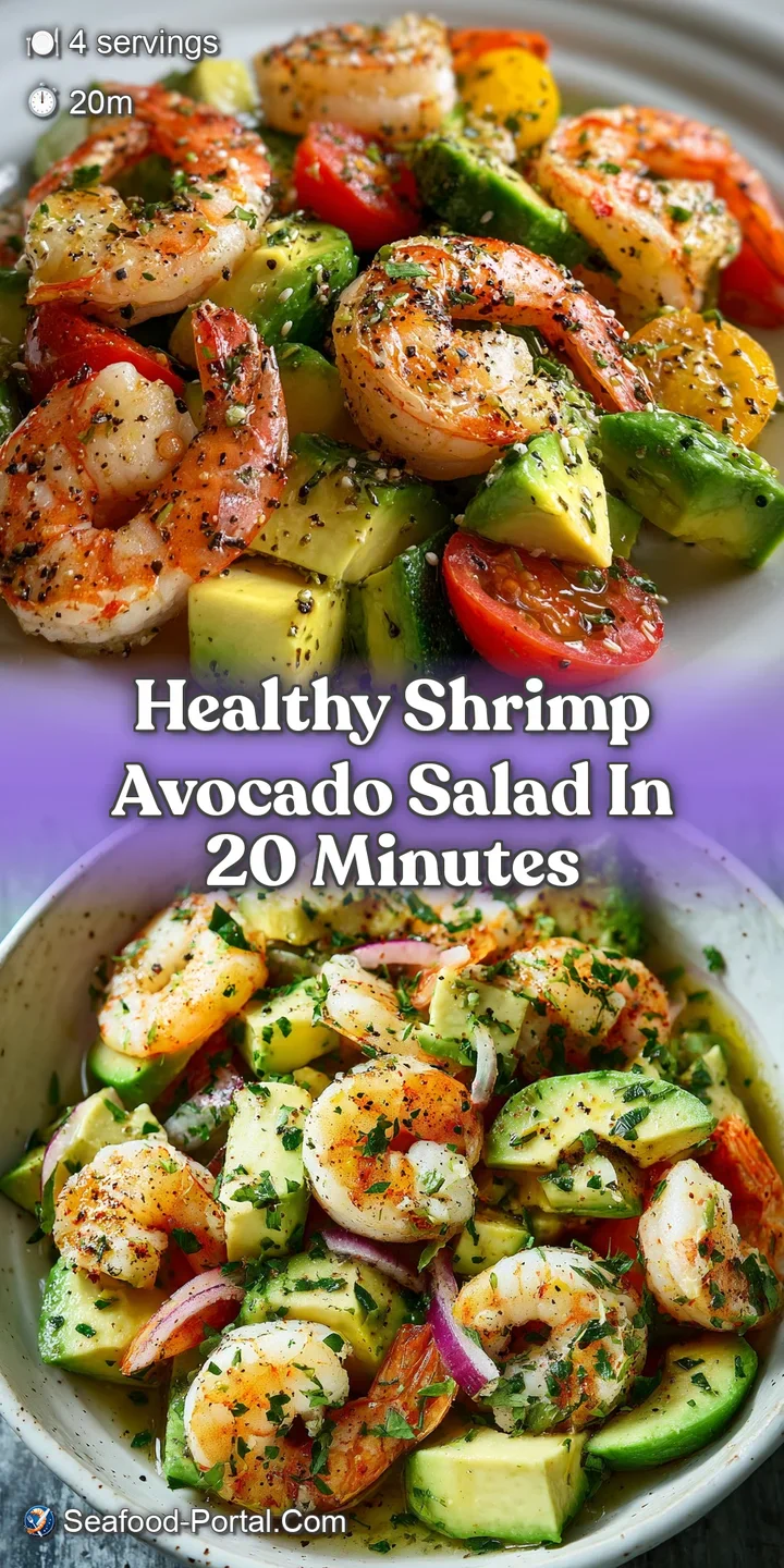 Close-up of succulent shrimp and chunks of ripe avocado coated in a lush dressing, promising a refreshing and flavorful bite.