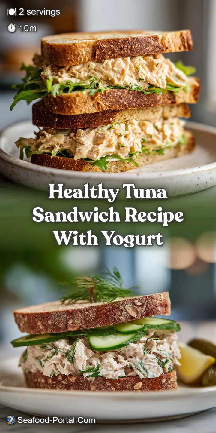 Close-up of a tuna sandwich highlighting the texture of the bread, flaky tuna, and creamy Greek yogurt dressing with fleck...