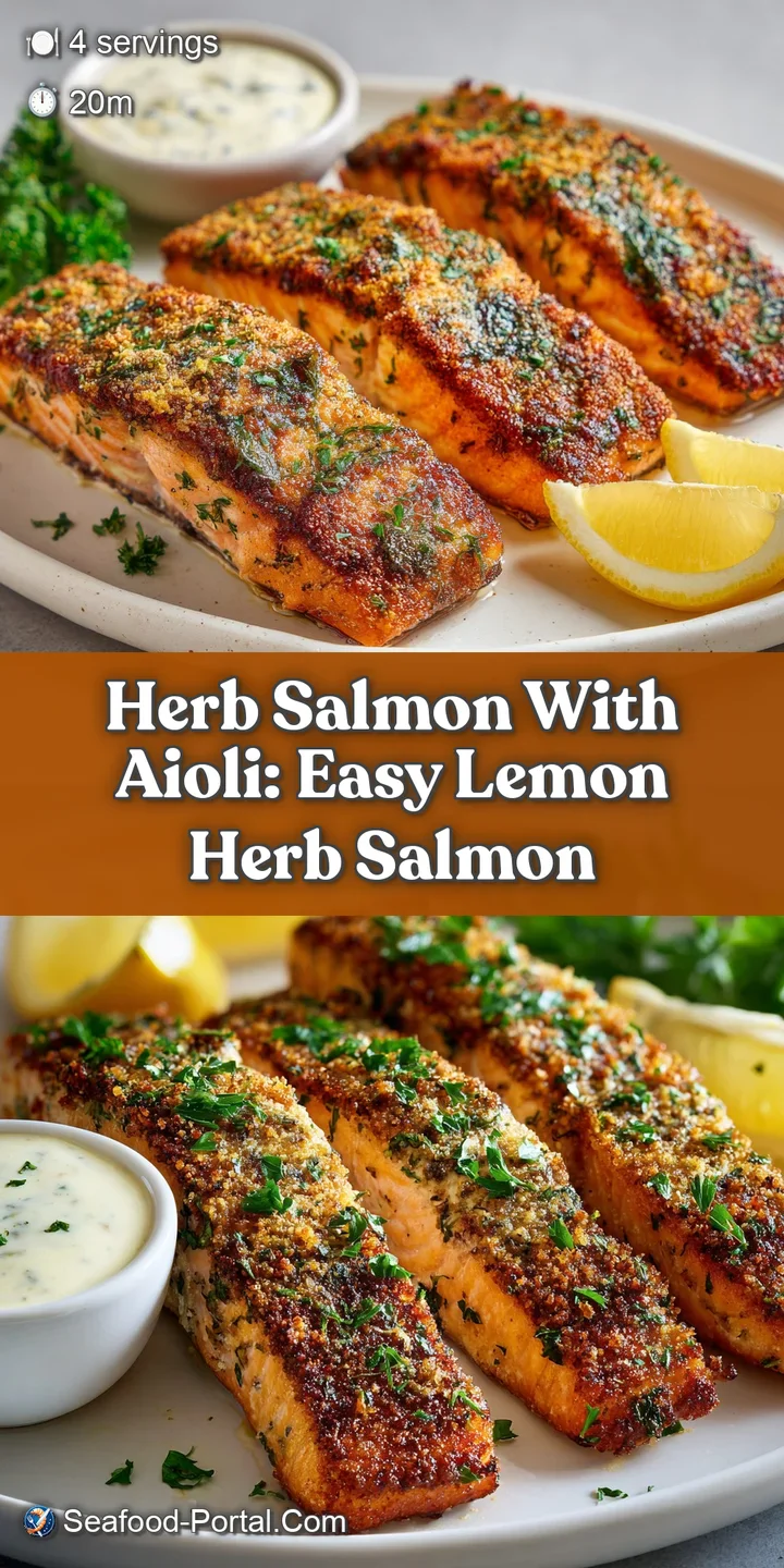 Close-up of baked salmon: vibrant herbs, golden-brown crust, and a dollop of creamy, smooth aioli invite a delicious bite.