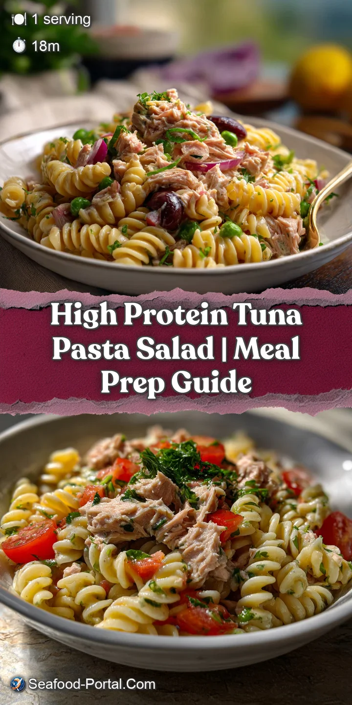 Close-up of tuna pasta salad: Creamy, light dressing coats pasta and chunky tuna. Bright specks of red pepper add a pop of...