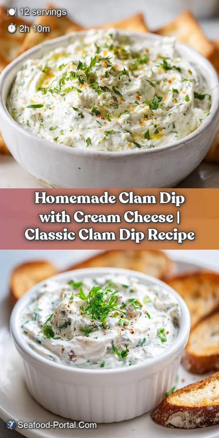 Close-up of rich, velvety clam dip, revealing tender clam pieces and a hint of parsley for freshness.