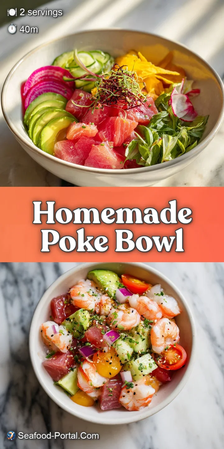 Close-up capturing the fresh texture of diced raw fish in a poke bowl, contrasted with creamy avocado and crunchy sesame s...