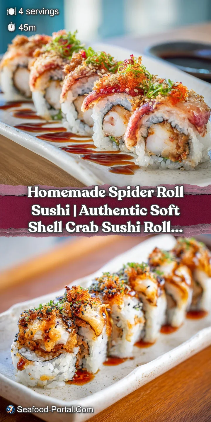 Close-up of a glistening soft shell crab sushi roll, its crispy exterior contrasting with white rice.