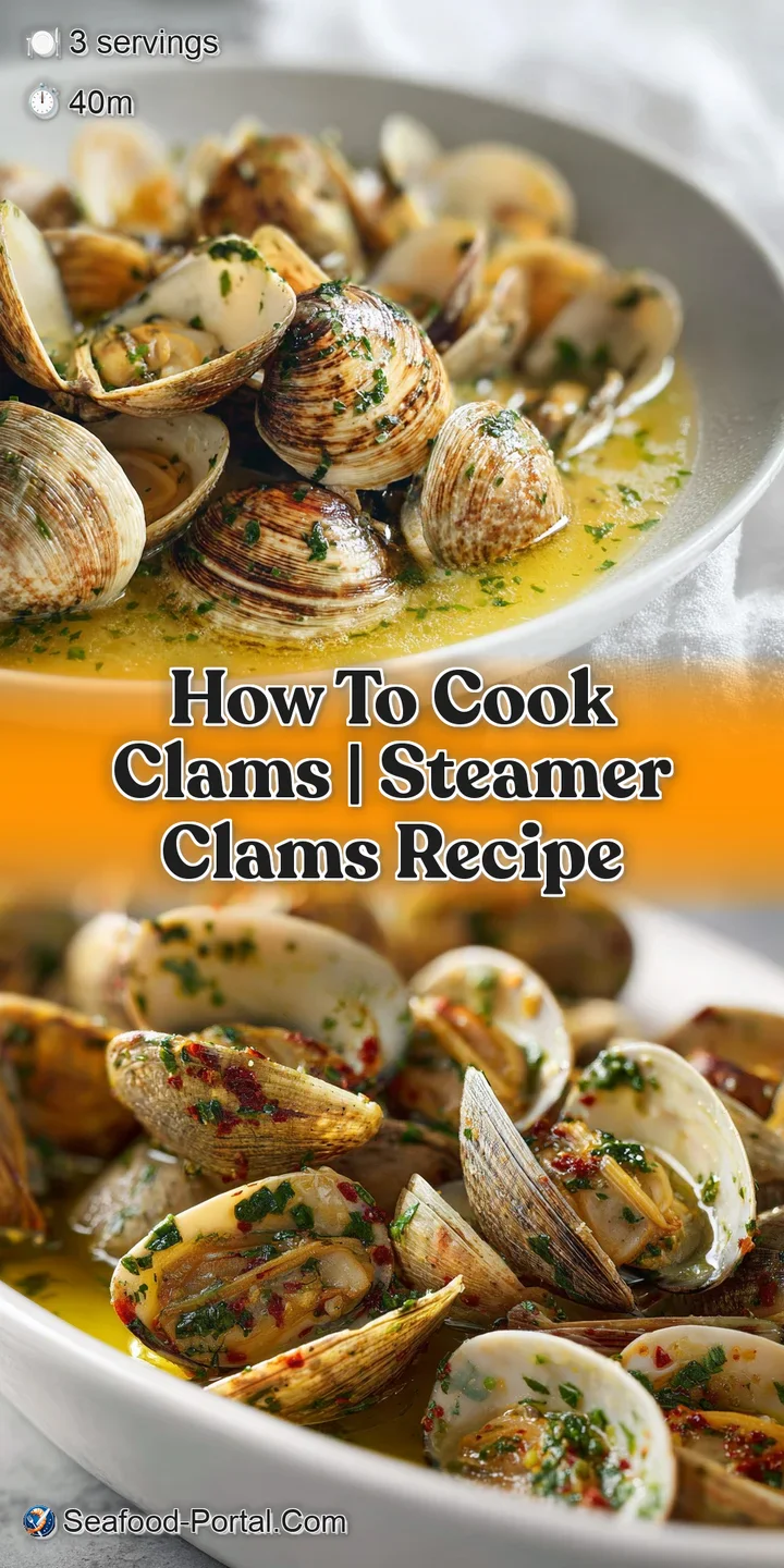 Close-up shot of plump clams bathed in a bright, fragrant white wine sauce, flecked with herbs, showing steamy, delicious ...