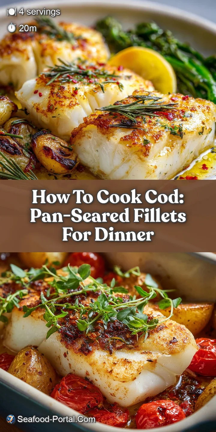 Close-up of perfectly cooked cod: moist, white flesh with a golden crust. Glistening with savory butter, hints of fresh he...