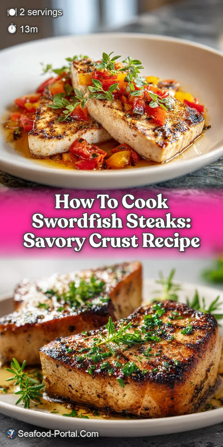 Close-up shows moist, flaky texture of grilled swordfish. Golden-brown crust glistens, hinting at savory, juicy flavor.