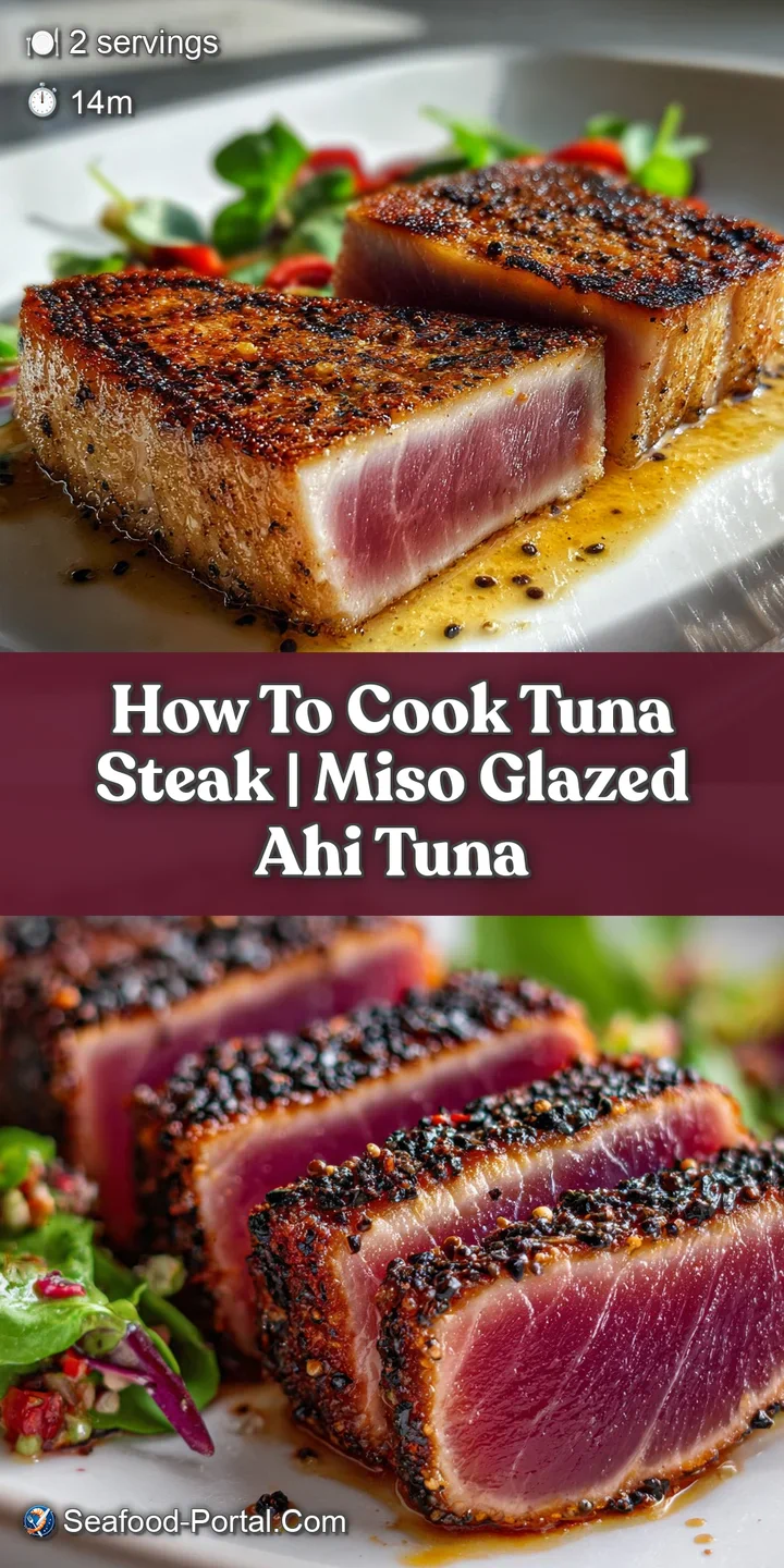 Close-up of seared tuna steak showcasing a browned crust and juicy, rare center. Glistening with a touch of oil.