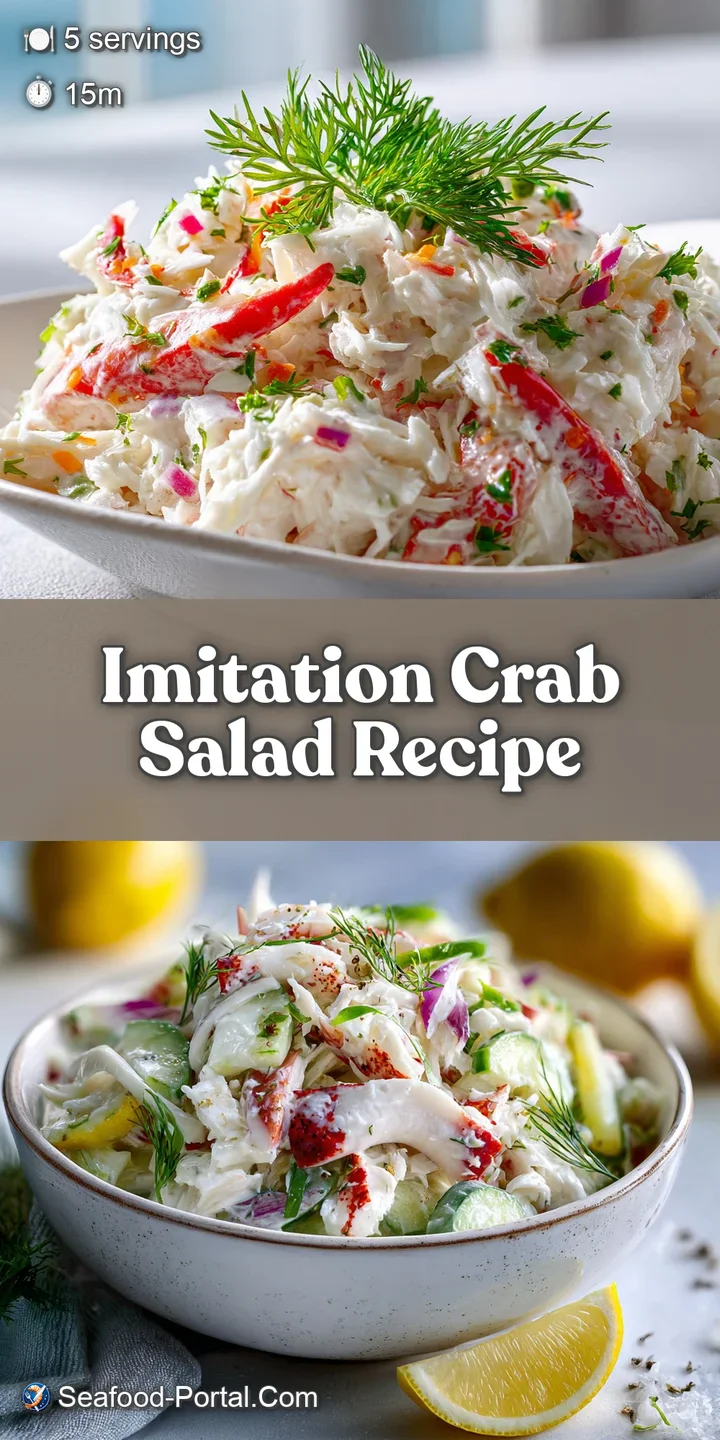 Close-up: Delicate strands of imitation crab in a luscious, mayonnaise-based salad with diced vegetables, a creamy delight.