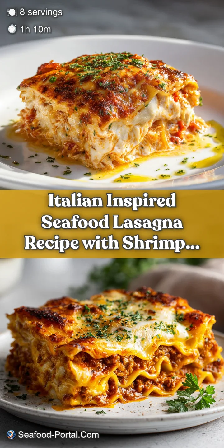 Close-up of creamy seafood lasagna, showcasing tender shrimp and golden pasta layers, with flecks of herbs and melted cheese.