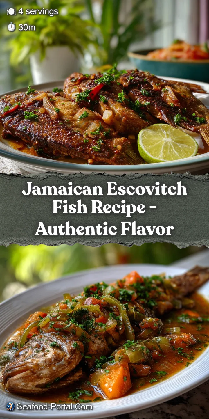 Close-up of flaky, golden-brown fried fish, swimming in a tangy, colorful escovitch sauce. A burst of fresh peppers and o...