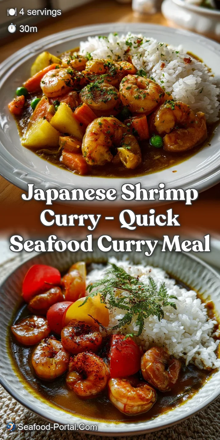 Close-up of tender shrimp and vibrant vegetables glistening in a thick, velvety curry sauce. Steam rising, promising a war...