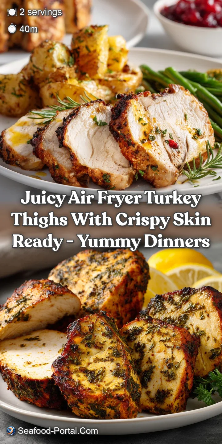 Close-up of succulent turkey thigh, showcasing impossibly crispy skin. The rich, mahogany-brown exterior contrasts beautif...