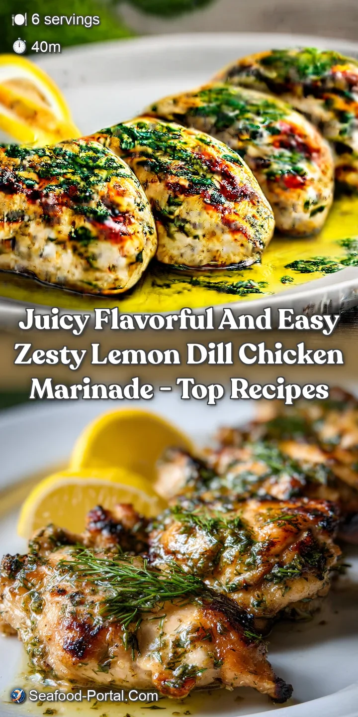 Close-up of succulent chicken, showing the juicy meat and crispy skin, infused with a bright lemon dill marinade and garni...