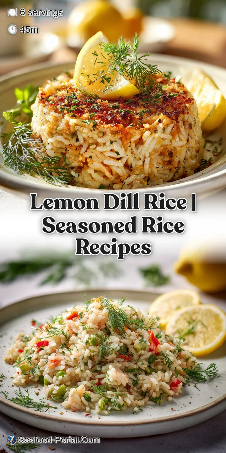 Close-up of lemon dill rice: soft, separate grains glisten. Fresh dill fronds add a pop of color and aromatic appeal.