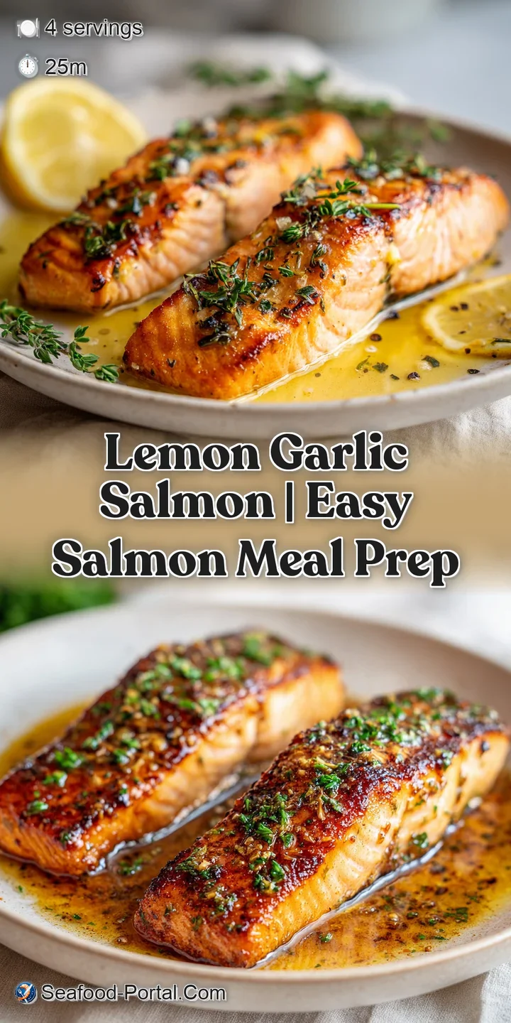 Close-up of succulent pink salmon flakes glistening with a buttery lemon garlic sauce and cracked black pepper.