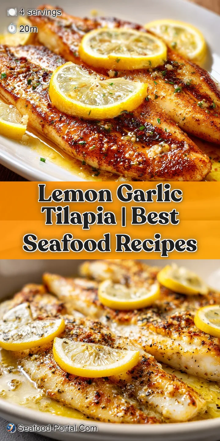 Close-up of flaky white fish topped with glistening garlic butter and a zesty slice of fresh yellow lemon.