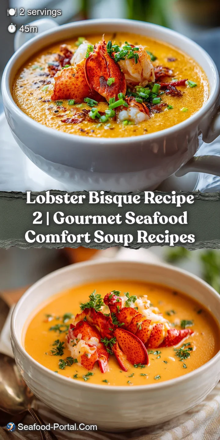 Close-up of velvety orange bisque, showing a creamy texture and a single succulent piece of lobster meat.